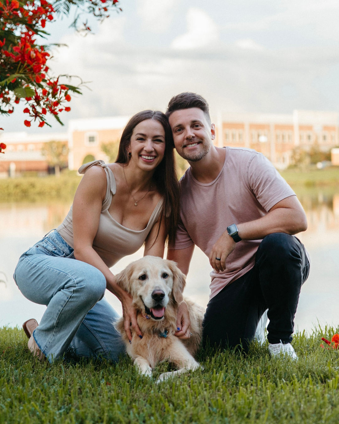 Jake Kurtz with his wife Kelly and their golden retriever Louie
